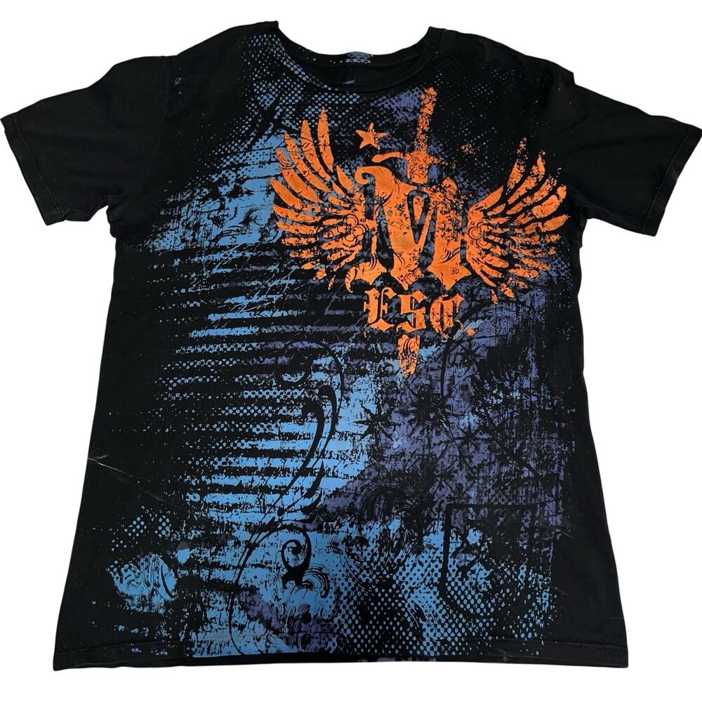 Manchester Ltd Y2K AOP Angel Wings Sqord Skull Grunge Emo Goth Shirt L USA